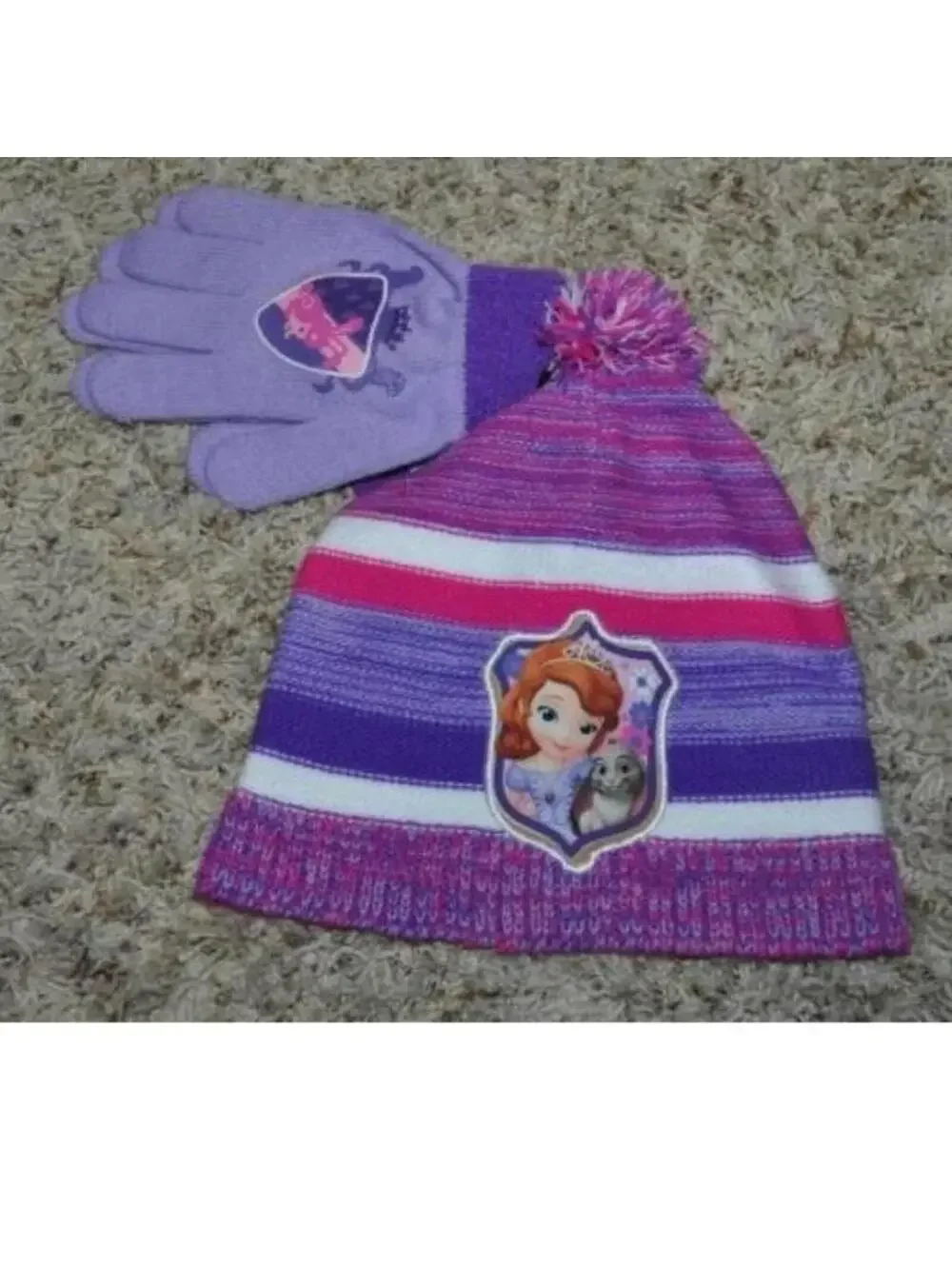 Girls Disney Sofia Winter Hat & Gloves Purple Striped 2 Pc Set Beanie Pom Poms